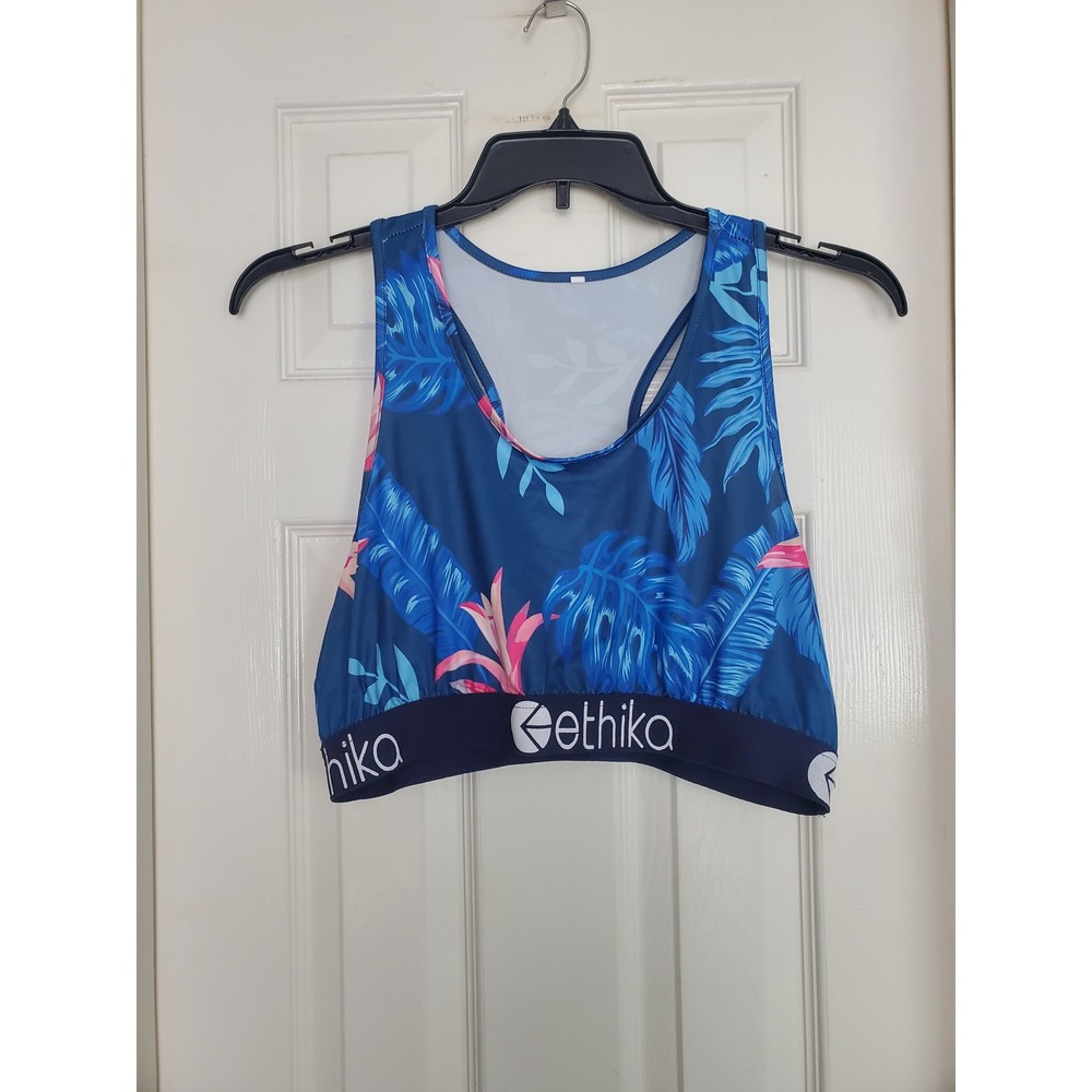 Ethika Sports Bra Blue Tropical Leaf Floral Racerback Athletic Bralette XL